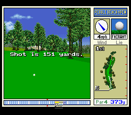 Pebble Beach Golf Links (SNES) screenshot: I hit it 151 yards.