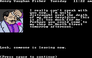 The Scoop (DOS) screenshot: Mr. Fisher seems suspicious. He was the rotund man outside the courthouse.