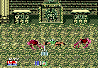Golden Axe II (Genesis) screenshot: Each character has one unique special attack (press jump + slash at the same time); here Gilius takes out two blood skeletons by swinging around his axe