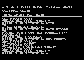 Pirate Adventure (Atari 8-bit) screenshot: I found a parrot that eats crackers!