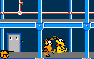 Garfield: Winter's Tail (Amiga) screenshot: Odie can be a real pain in the neck, so it's best to kick him out