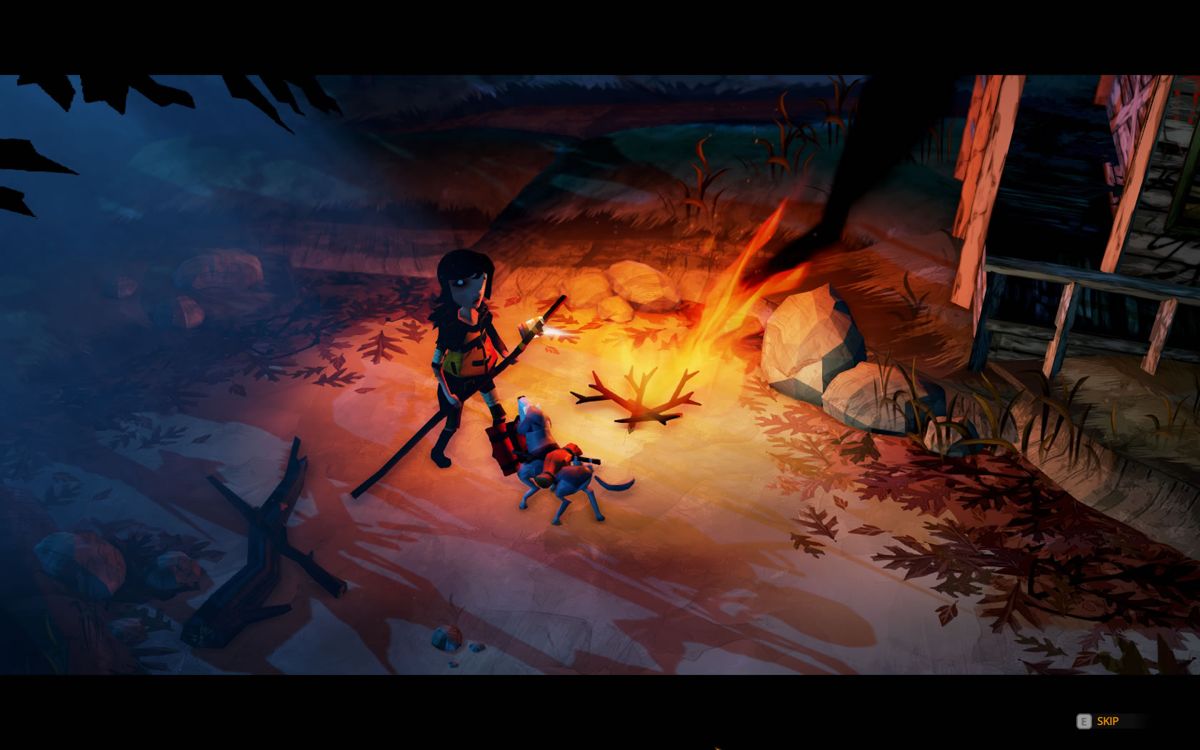 The Flame in the Flood (Windows) screenshot: The campfire where the Campaign mode starts.