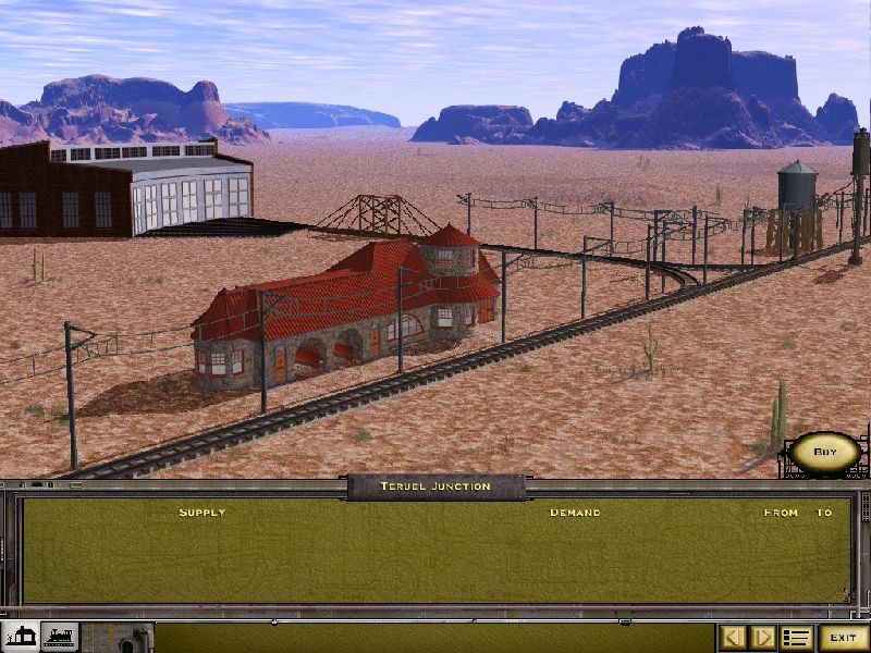 Railroad Tycoon II: The Next Millennium - Special Edition (Windows) screenshot: The lower left of the screen toggles the view between trains and stations. This is the station view and the player can scroll from one to the next.