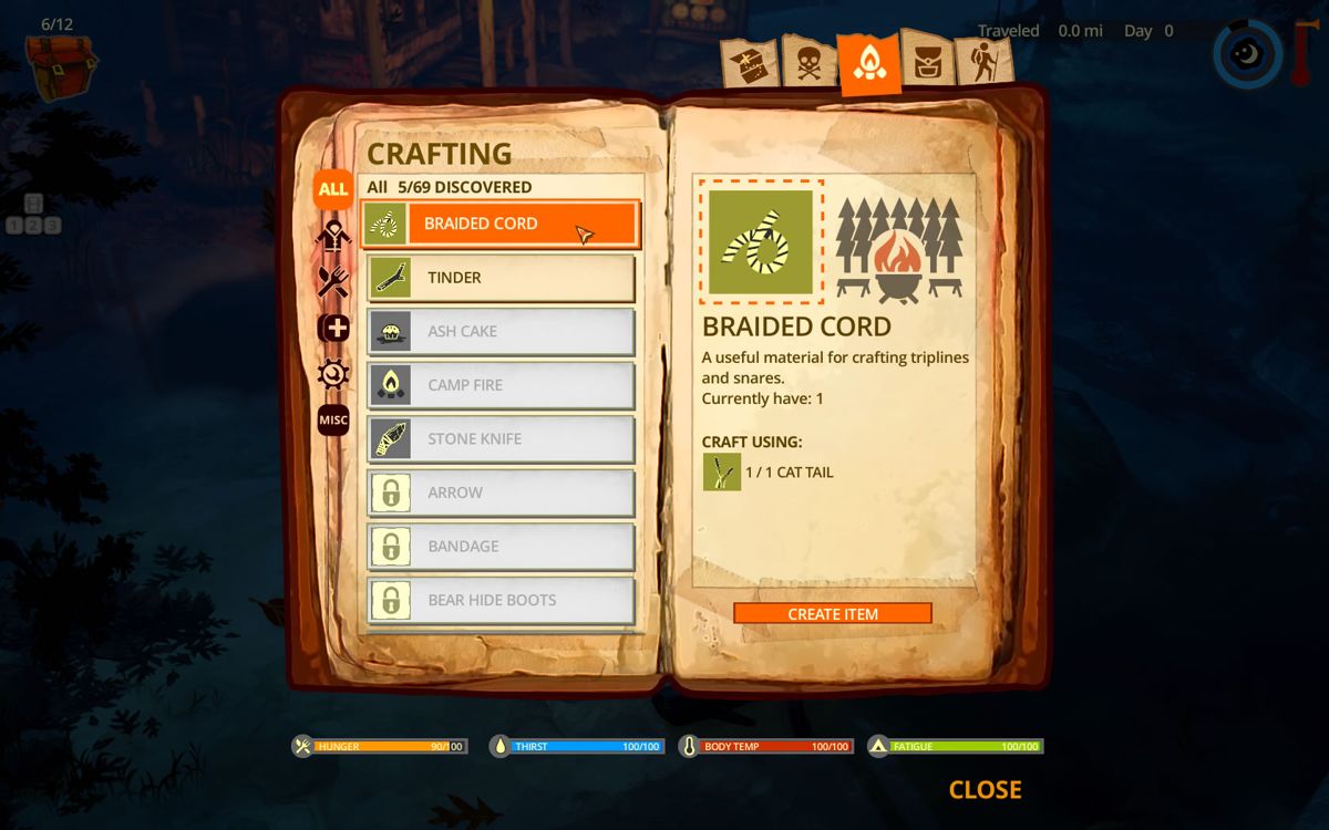 The Flame in the Flood (Windows) screenshot: Crafting options