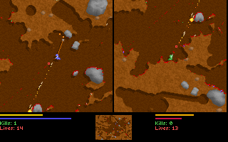 Liero (DOS) screenshot: The green player dislodges the blue player's grappling hook with well-placed Doomsday rockets