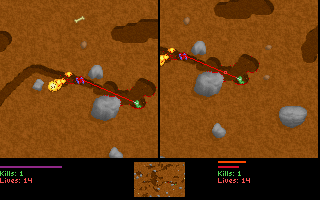 Liero (DOS) screenshot: The laser can be deadly in the hands of the AI player