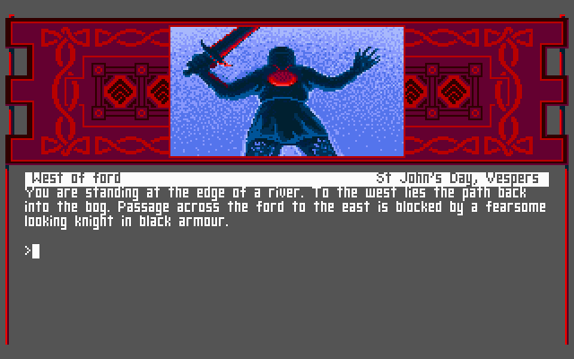 Arthur: The Quest for Excalibur (DOS) screenshot: Confronting the Black Knight.