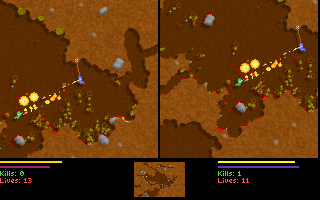 Liero (DOS) screenshot: The cliff-hanging firefights (and liberal amounts of firepower) give this game much of its appeal