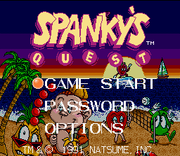 Spanky's Quest (SNES) screenshot: Title screen / Main menu.