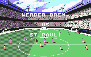 I Play: Football Champ. (Commodore 64) screenshot: Names of opposite teams in the match (German championship, this time)...