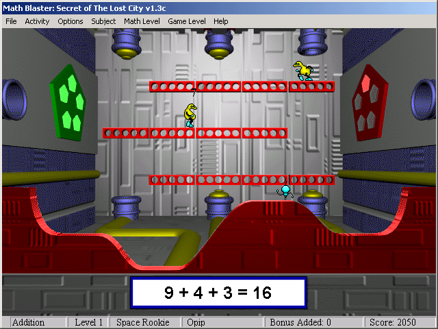 Math Blaster: Episode 2 - Secret of the Lost City (Windows) screenshot: Finishing up with Spot. Red lights are for incorrect numbers.