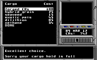 Space Rogue (DOS) screenshot: Buying cargo.