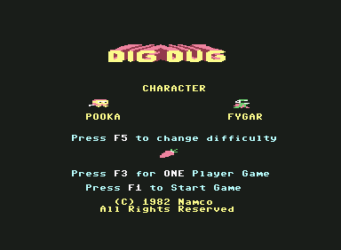 Dig Dug (Commodore 64) screenshot: Title screen and main menu