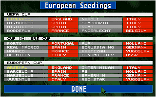 Championship Manager (DOS) screenshot: The European seedings are listed here.