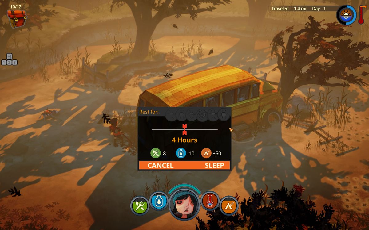The Flame in the Flood (Windows) screenshot: Sleeping will increase one meter, but also decrease two others, a common issue for most decisions.