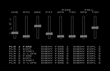 Shoot 'em up Construction Kit (Commodore 64) screenshot: Sound effects editor.