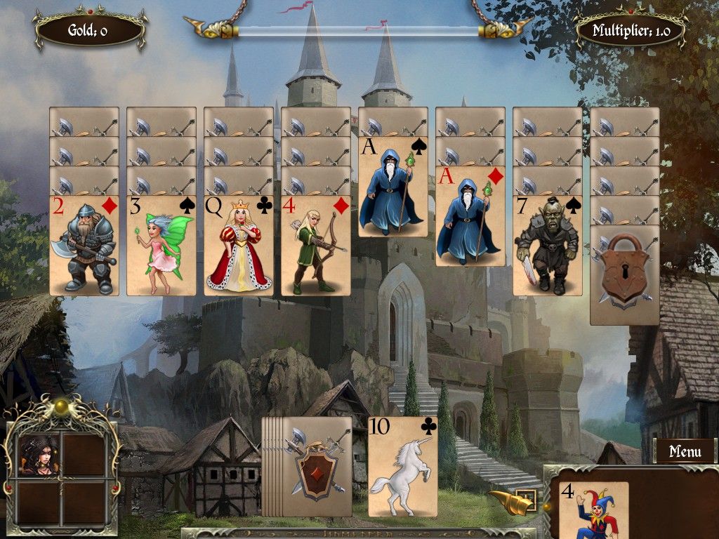 Legends of Solitaire: Curse of the Dragons (Windows) screenshot: This level has a locked column and, unlike the first game, the location of the key is unknown. It could be anywhere.