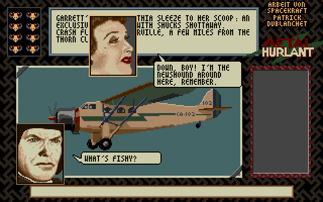Crash Garrett (Amiga) screenshot: Intro: Garrett is curious about Cynthia's story