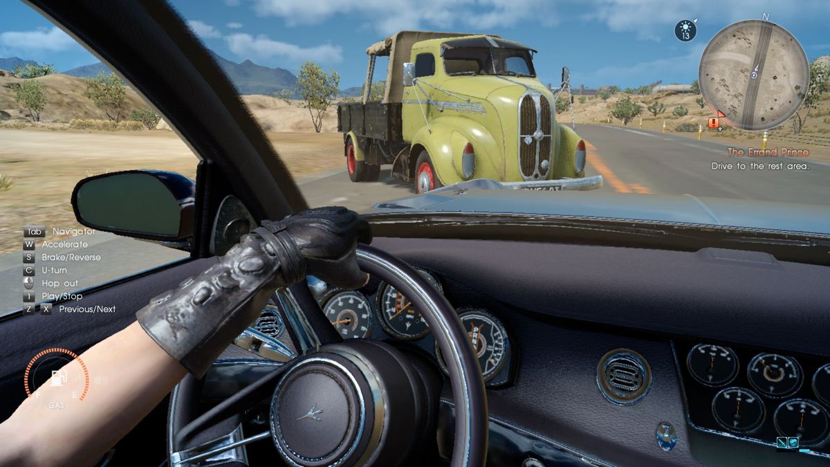 Final Fantasy XV: Windows Edition (Windows) screenshot: Driving! Change the view, cause accidents... well, not really, but still