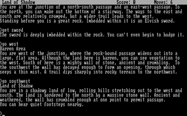 Zork III: The Dungeon Master (DOS) screenshot: A sword in the stone and some footsteps approaching...