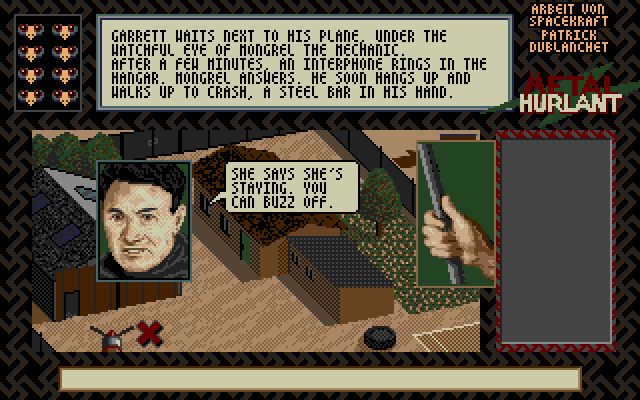 Crash Garrett (Amiga) screenshot: A mechanic tries to intimidate Crash into leaving