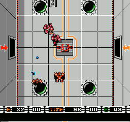 Speedball (NES) screenshot: Walking onto the skull symbol will temporarily disable your player.
