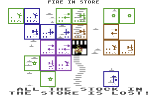 M.U.L.E. (Commodore 64) screenshot: Fire in the store!