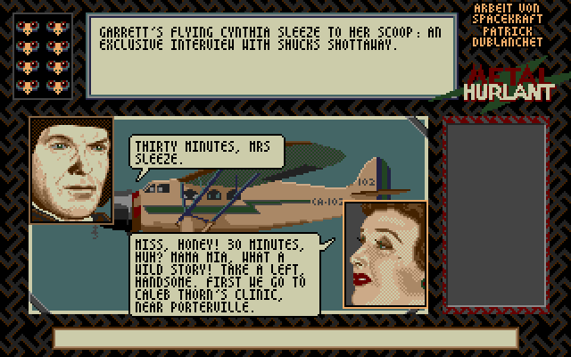 Crash Garrett (Amiga) screenshot: Intro: Cynthia Sleeze is on the trail of a big scoop