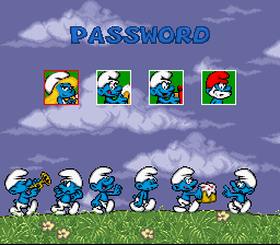 The Smurfs (SNES) screenshot: Password screen uses pictures of some Smurfs.