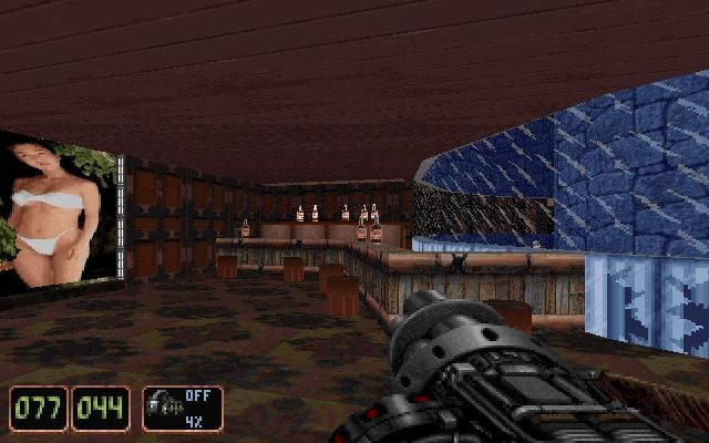Wanton Destruction (DOS) screenshot: A bar with a giant aquarium and bikini babes. Classy!