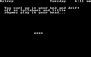 The Scoop (DOS) screenshot: You must rest at your flat to progress through the days.