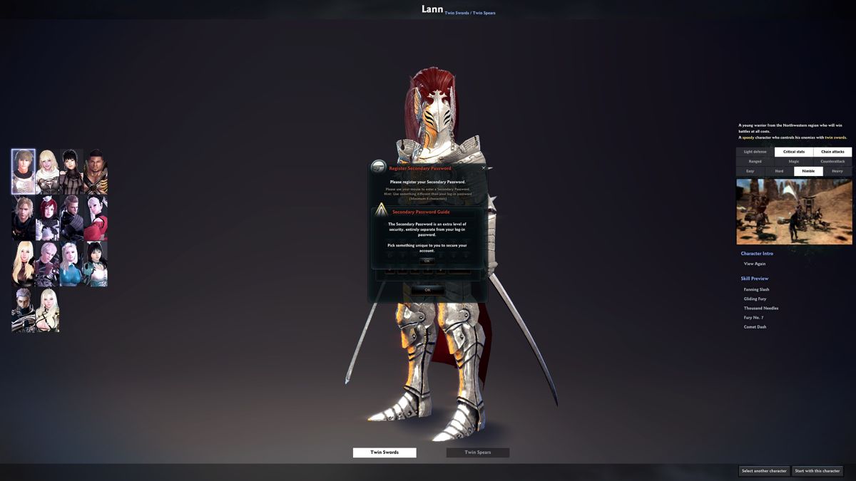 Vindictus (Windows) screenshot: Starting a new game. Before they can proceed the player must password protect their account. Then they choose a character from the fourteen on the left and customise it