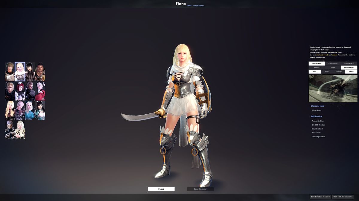 Vindictus (Windows) screenshot: The player can examine each of the characters on the left and toggle between the characters weapons where there is more than one. On the right are character stats and videos of special moves