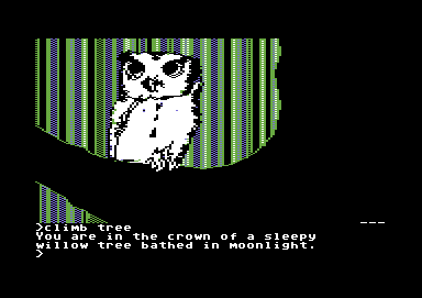The Crimson Crown (Commodore 64) screenshot: If you climb the willow, there is an owl there.