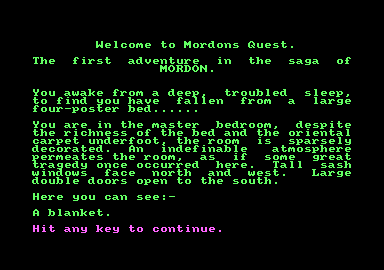 Mordon's Quest (Amstrad CPC) screenshot: Welcome to the first adventure of Mordon. You are in a bedroom, to begin.