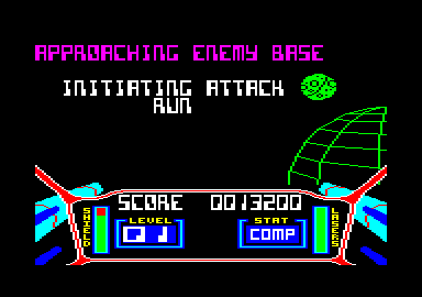 3D Starstrike (Amstrad CPC) screenshot: Your coming up on the base. This is the first attack run.