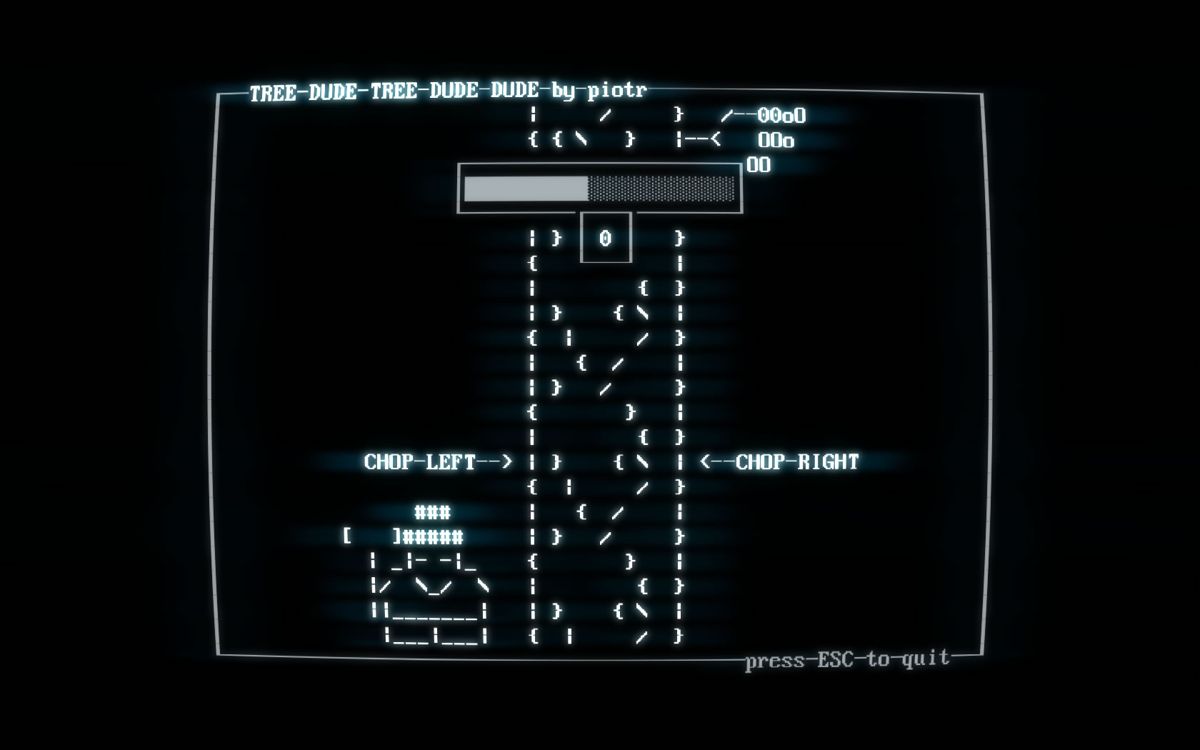 Superhot (Windows) screenshot: There is this ASCII game referencing <moby game="Timberman">Timberman</moby>.