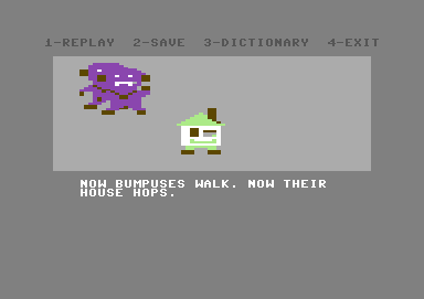 Story Machine (Commodore 64) screenshot: "Now their house hops." Must make a mess, inside.