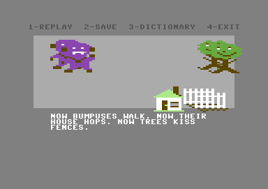 Story Machine (Commodore 64) screenshot: "Now trees kiss fences." Friendly trees.