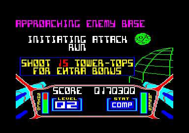 3D Starstrike (Amstrad CPC) screenshot: In the later levels, you can get bonuses for completing certain tasks.