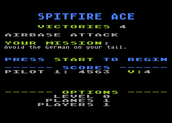 Spitfire Ace (Atari 8-bit) screenshot: Scenario 5 is an airbase attack. I must avoid the German on my tail.
