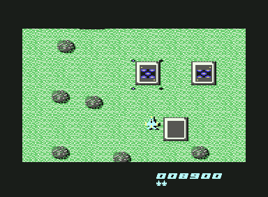 Delta Fighter (Commodore 64) screenshot: Approaching the turrets...