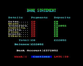 Multi-Player Soccer Manager (ZX Spectrum) screenshot: Your bank statement showing the payments and deposits of the week