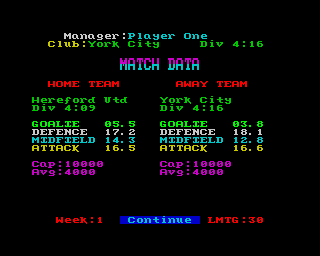 Multi-Player Soccer Manager (ZX Spectrum) screenshot: The match data showing the ratings of you and your next opponents
