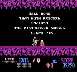 Wizards & Warriors (NES) screenshot: After each level, you get to rescue a damsel in distress.