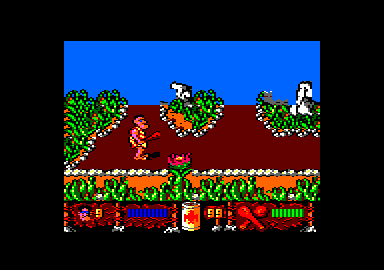 Los Inhumanos (Amstrad CPC) screenshot: Caveman: "Ooh! Flower pretty!"
