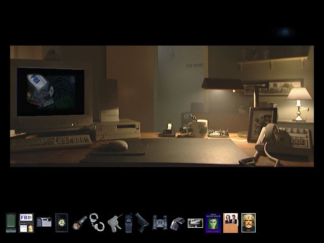 The X-Files Game (Windows) screenshot: Agent Willmore's office and the inventory
