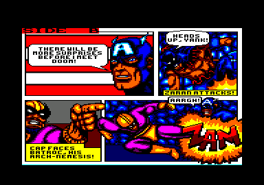 The Amazing Spider-Man and Captain America in Dr. Doom's Revenge! (Amstrad CPC) screenshot: As the story continues, Zaran and Batroc the Leaper attack Captain America.