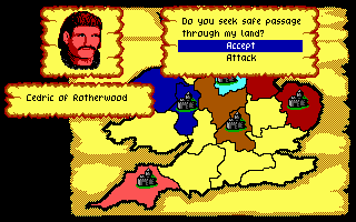 Defender of the Crown (PC Booter) screenshot: Do you accept safe passage or attack? (EGA/Tandy)