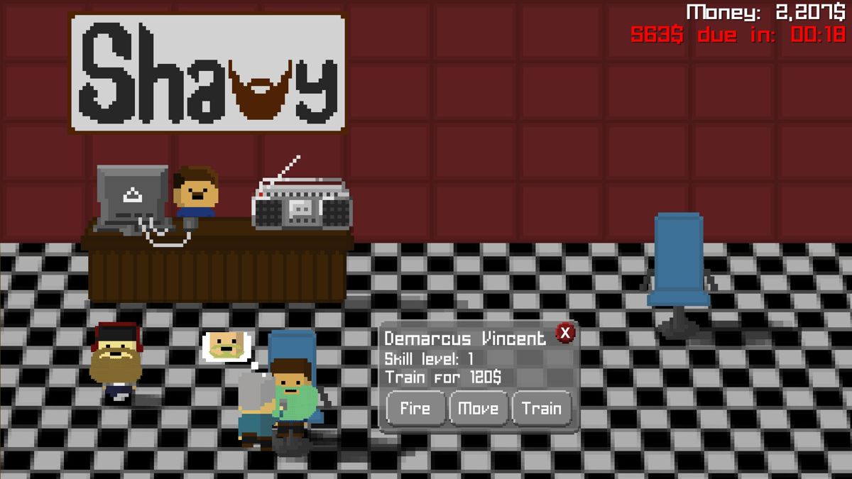 Trimmer Tycoon (Windows) screenshot: Data about my hired barber